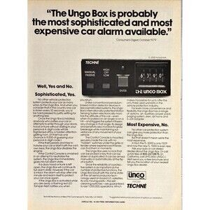 Techne The Ungo Box Car Alarm "Most Sophisticated" Vintage Print Ad 1983
